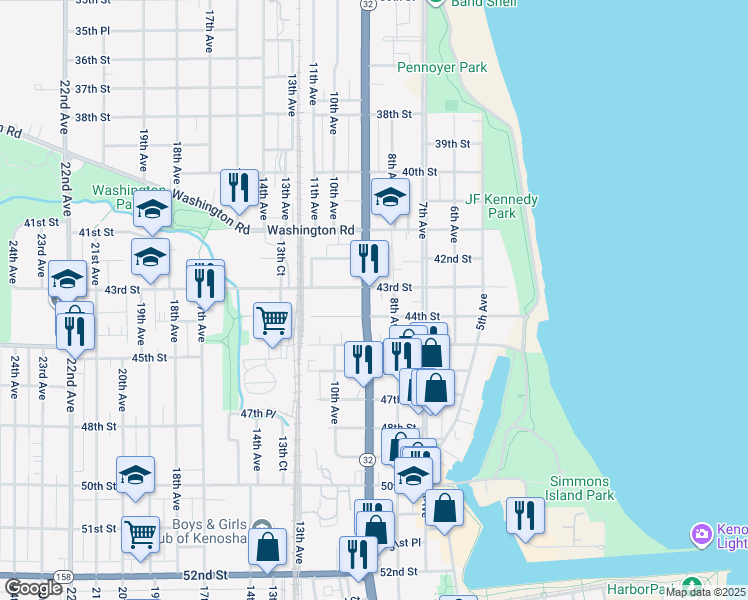 map of restaurants, bars, coffee shops, grocery stores, and more near 803 43rd Street in Kenosha