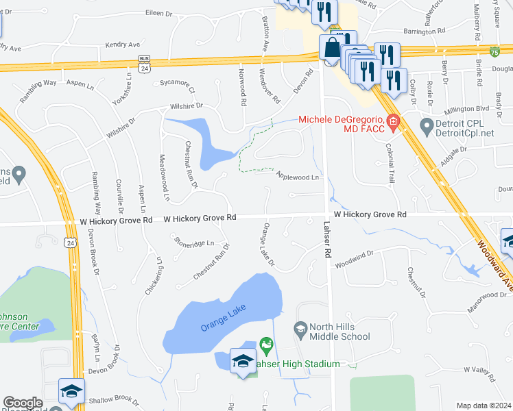 map of restaurants, bars, coffee shops, grocery stores, and more near 316 West Hickory Grove Road in Bloomfield Township