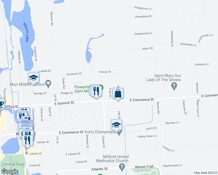 map of restaurants, bars, coffee shops, grocery stores, and more near 1144 Queen Street in Milford Charter Township