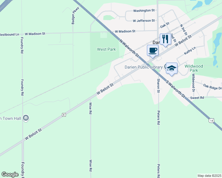 map of restaurants, bars, coffee shops, grocery stores, and more near 315 West Beloit Street in Darien