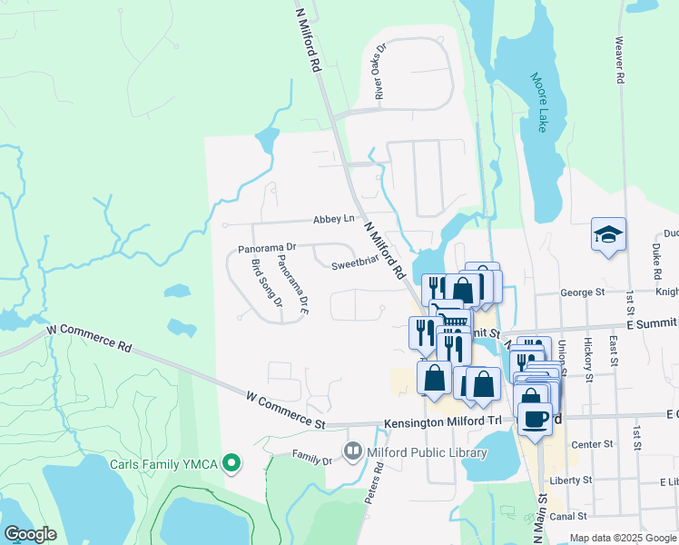 map of restaurants, bars, coffee shops, grocery stores, and more near 759 Sweetbriar in Milford Charter Township