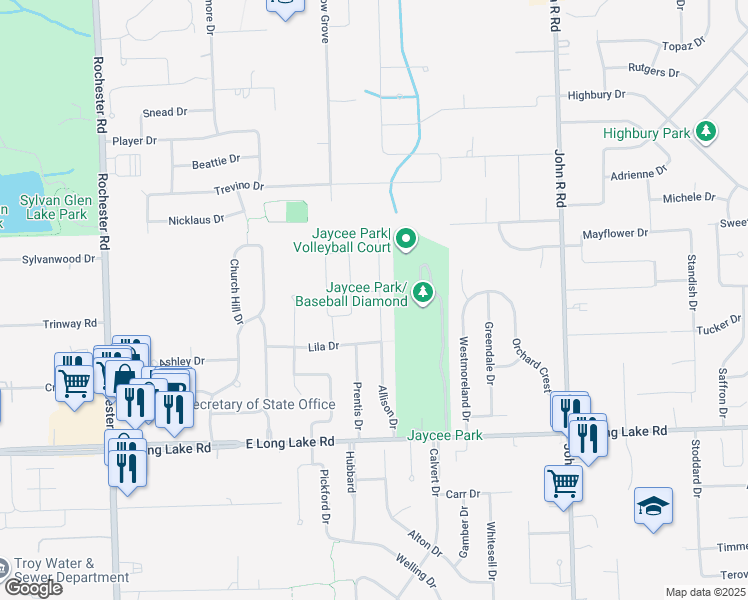 map of restaurants, bars, coffee shops, grocery stores, and more near 5341 Allison Drive in Troy