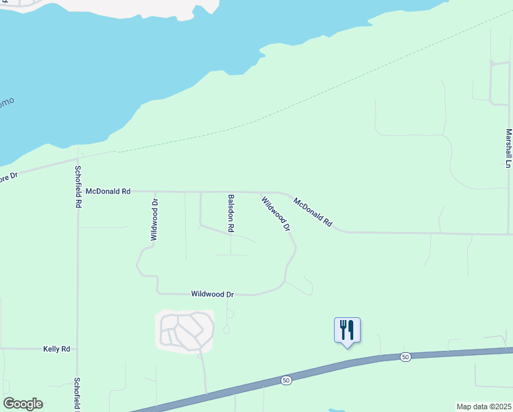 map of restaurants, bars, coffee shops, grocery stores, and more near W3491 McDonald Road in Lake Geneva