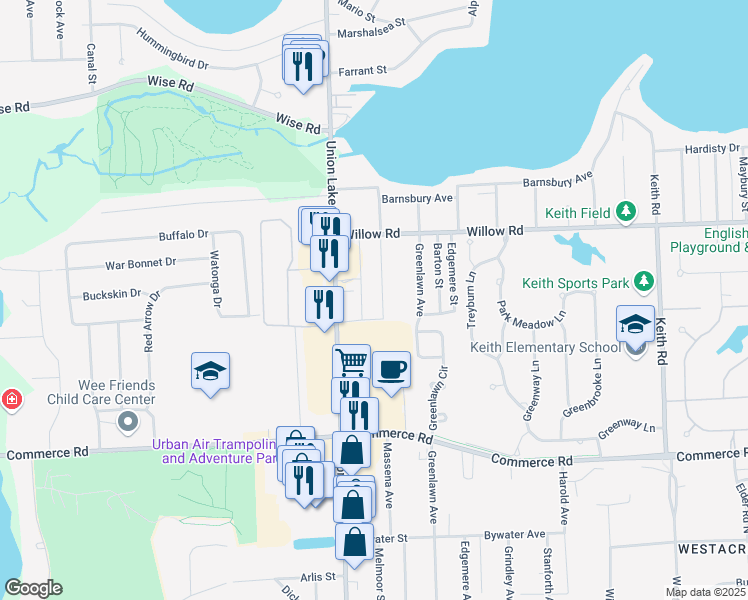 map of restaurants, bars, coffee shops, grocery stores, and more near 2650 Massena Street in Commerce Charter Township