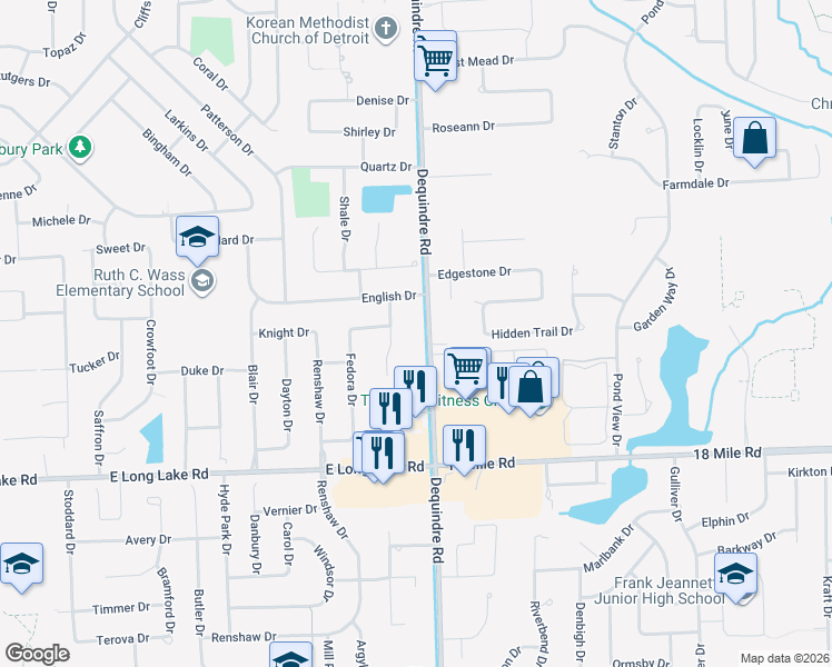map of restaurants, bars, coffee shops, grocery stores, and more near 5324 Windmill Drive in Troy