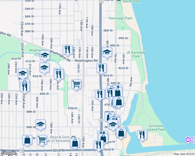 map of restaurants, bars, coffee shops, grocery stores, and more near 911 43rd Street in Kenosha