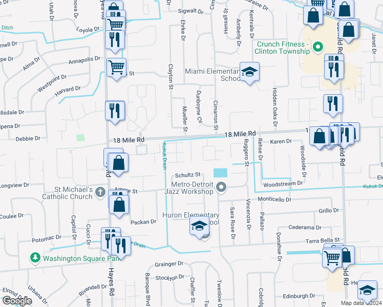 map of restaurants, bars, coffee shops, grocery stores, and more near 40892 Highpointe Drive in Clinton Township