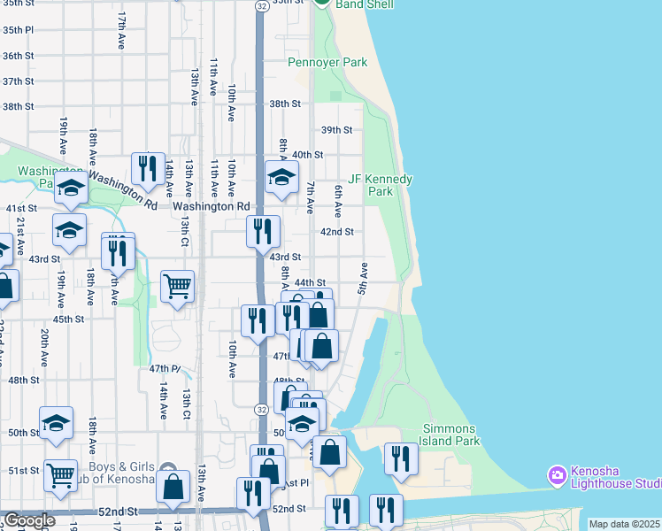 map of restaurants, bars, coffee shops, grocery stores, and more near 4301 6th Avenue in Kenosha