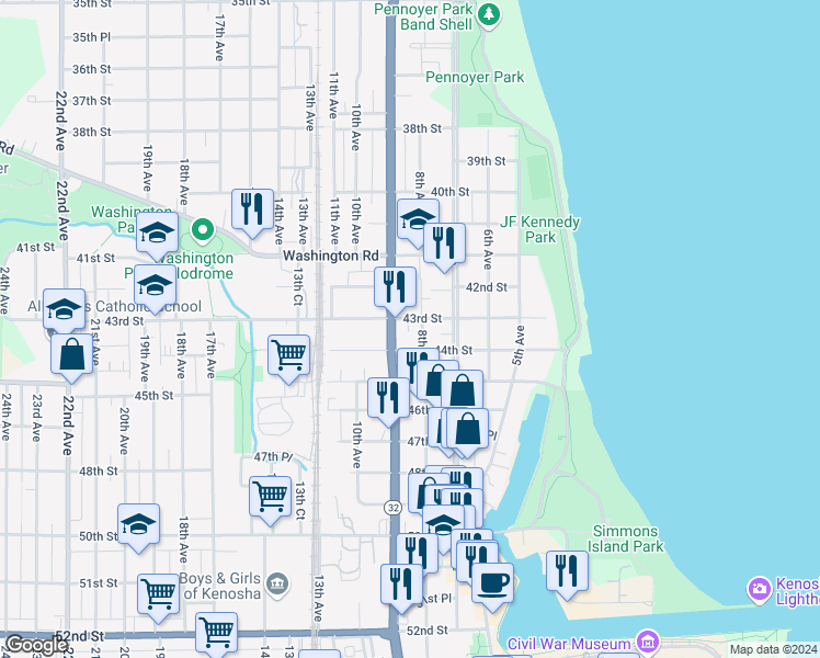 map of restaurants, bars, coffee shops, grocery stores, and more near 803 43rd Street in Kenosha