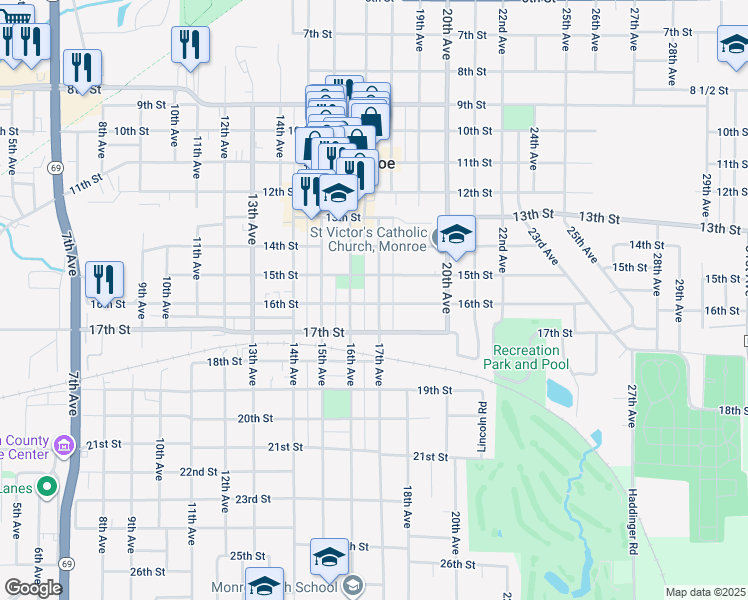 map of restaurants, bars, coffee shops, grocery stores, and more near 1615 16th Street in Monroe