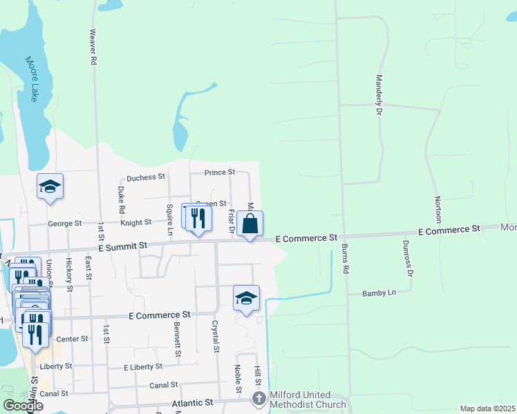 map of restaurants, bars, coffee shops, grocery stores, and more near 764 Manor Drive in Milford Charter Township