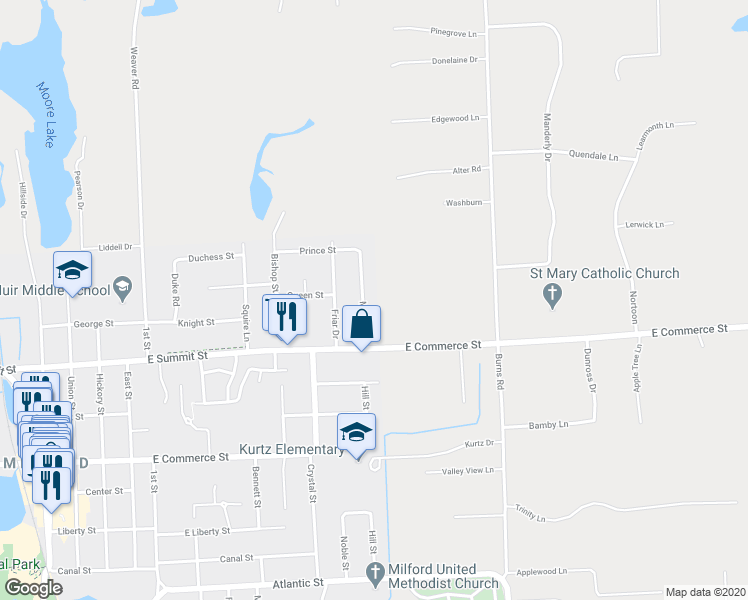 map of restaurants, bars, coffee shops, grocery stores, and more near 764 Manor Drive in Milford Charter Township
