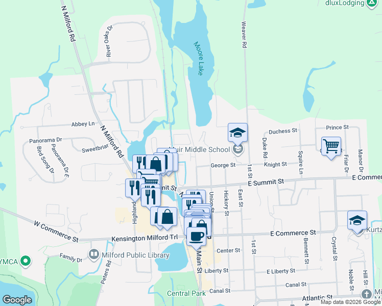 map of restaurants, bars, coffee shops, grocery stores, and more near 833 North Main Street in Milford Charter Township