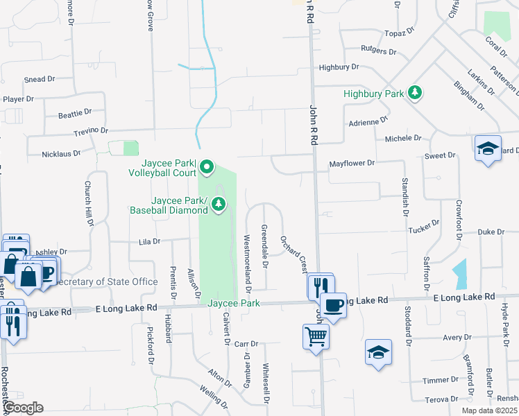 map of restaurants, bars, coffee shops, grocery stores, and more near 5369 Greendale Drive in Troy