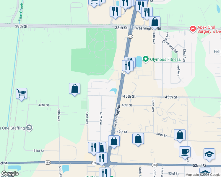 map of restaurants, bars, coffee shops, grocery stores, and more near 6300 44th Street in Kenosha