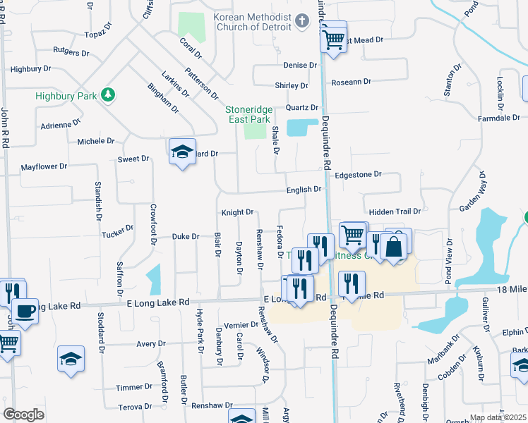 map of restaurants, bars, coffee shops, grocery stores, and more near 5298 Renshaw Drive in Troy