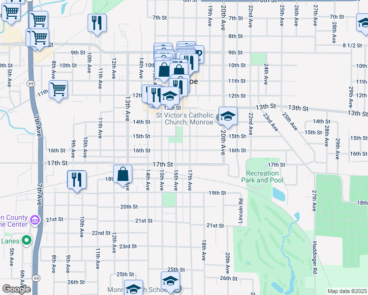 map of restaurants, bars, coffee shops, grocery stores, and more near 1615 16th St in Monroe