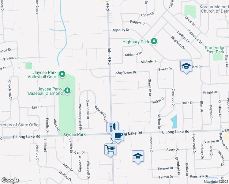 map of restaurants, bars, coffee shops, grocery stores, and more near 2022 Chaps Drive in Troy