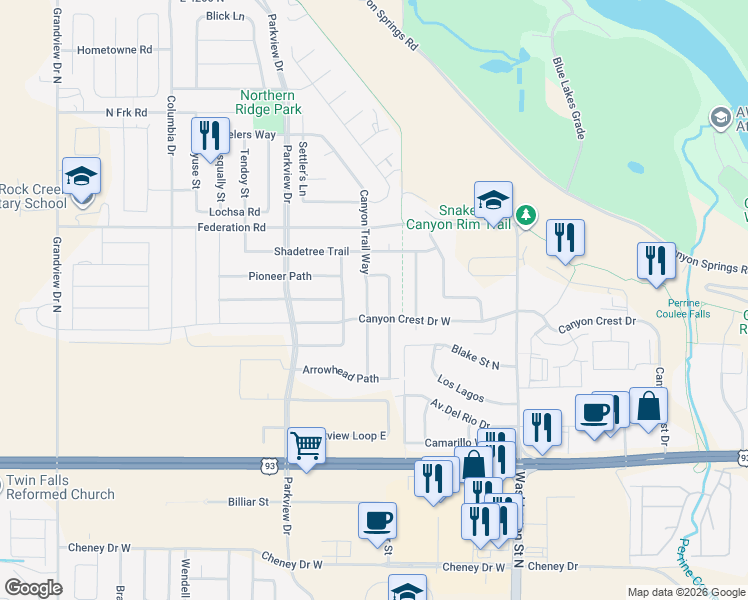 map of restaurants, bars, coffee shops, grocery stores, and more near 1982 Canyon Trail Way in Twin Falls