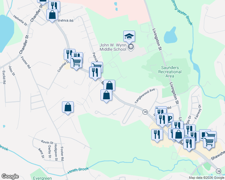 map of restaurants, bars, coffee shops, grocery stores, and more near 1608 Main Street in Tewksbury