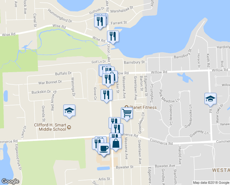 map of restaurants, bars, coffee shops, grocery stores, and more near 2625 Union Lake Road in Commerce charter Township