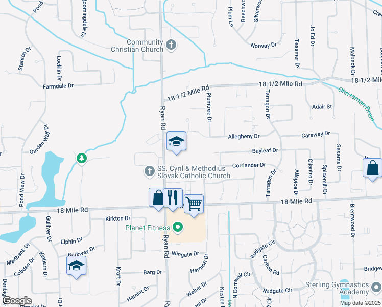 map of restaurants, bars, coffee shops, grocery stores, and more near 41460 Ryan Road in Sterling Heights