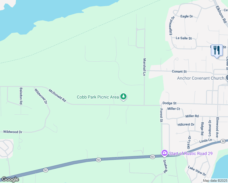 map of restaurants, bars, coffee shops, grocery stores, and more near W3234 McDonald Road in Lake Geneva