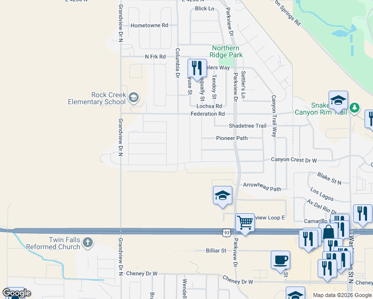 map of restaurants, bars, coffee shops, grocery stores, and more near 1979 Red Rock Way in Twin Falls
