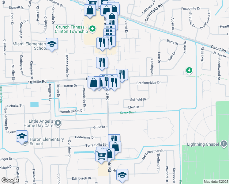 map of restaurants, bars, coffee shops, grocery stores, and more near 40795 Garfield Road in Clinton Township