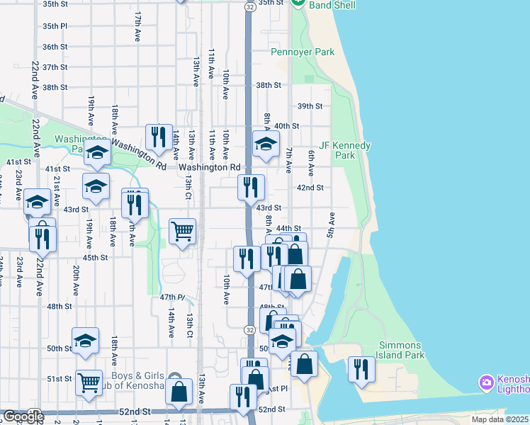 map of restaurants, bars, coffee shops, grocery stores, and more near 803 43rd Street in Kenosha
