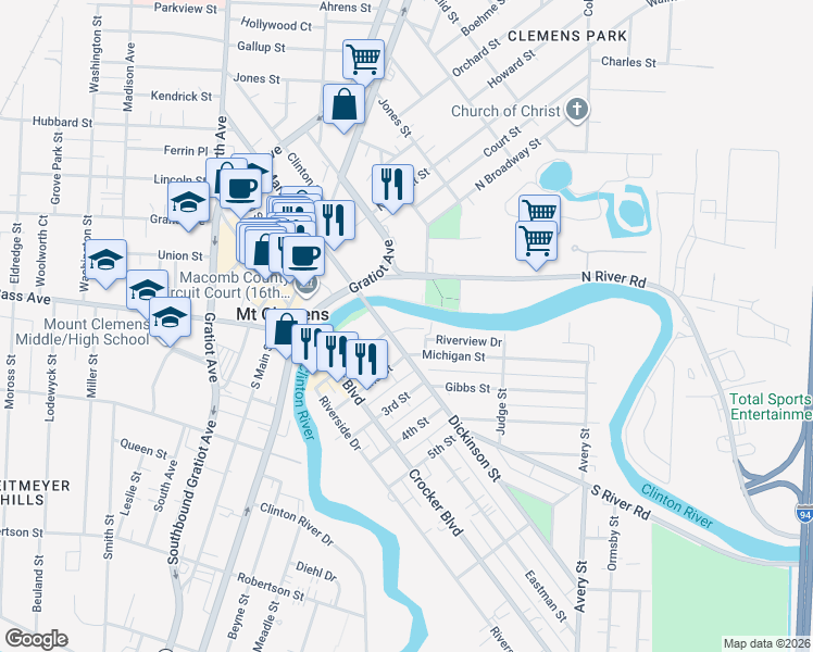 map of restaurants, bars, coffee shops, grocery stores, and more near 21 Dickinson Street in Mount Clemens