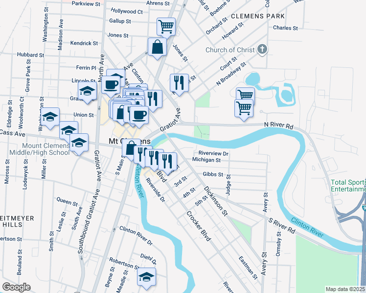map of restaurants, bars, coffee shops, grocery stores, and more near 21 Dickinson Street in Mount Clemens
