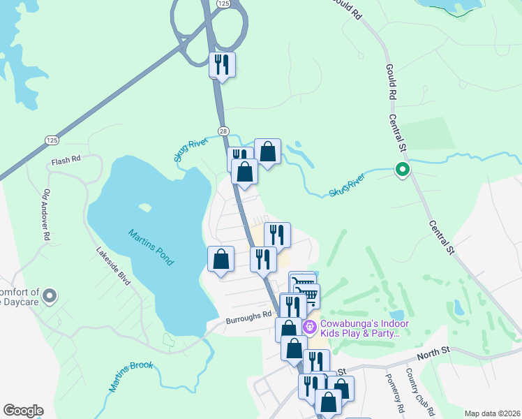 map of restaurants, bars, coffee shops, grocery stores, and more near 313 Main Street in North Reading