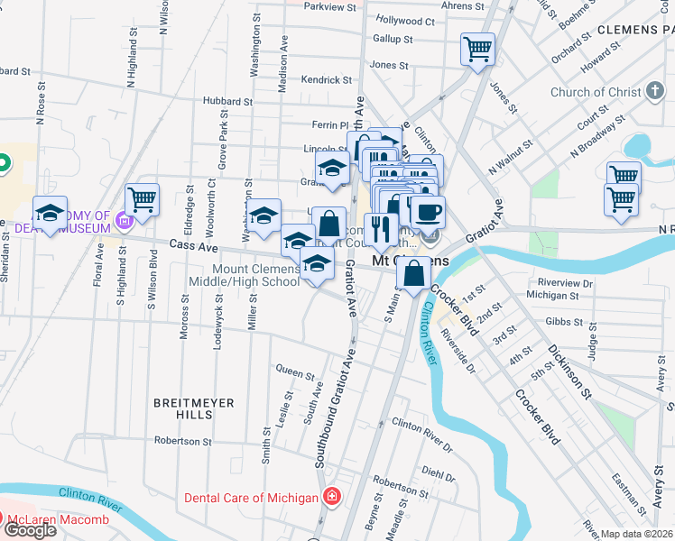 map of restaurants, bars, coffee shops, grocery stores, and more near 111 Cass Avenue in Mount Clemens