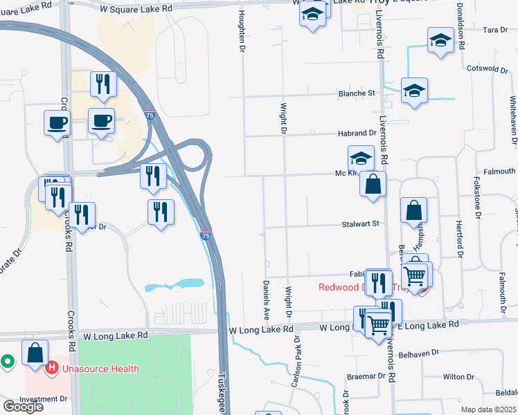 map of restaurants, bars, coffee shops, grocery stores, and more near 5375 Daniels Drive in Troy