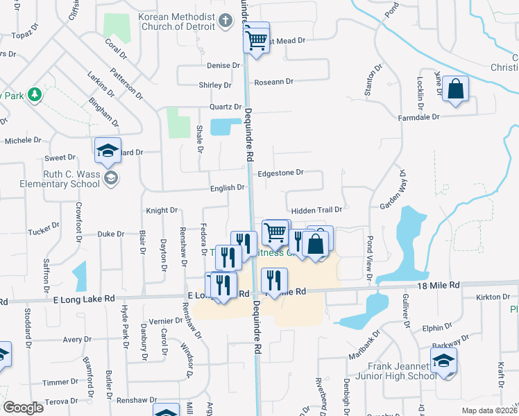 map of restaurants, bars, coffee shops, grocery stores, and more near 41514 Dequindre Road in Sterling Heights