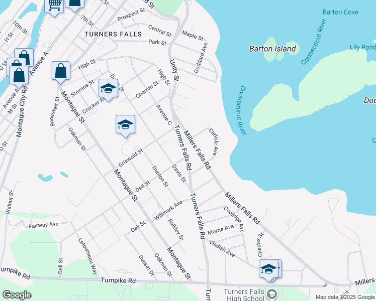 map of restaurants, bars, coffee shops, grocery stores, and more near 23 Turners Falls Road in Greenfield