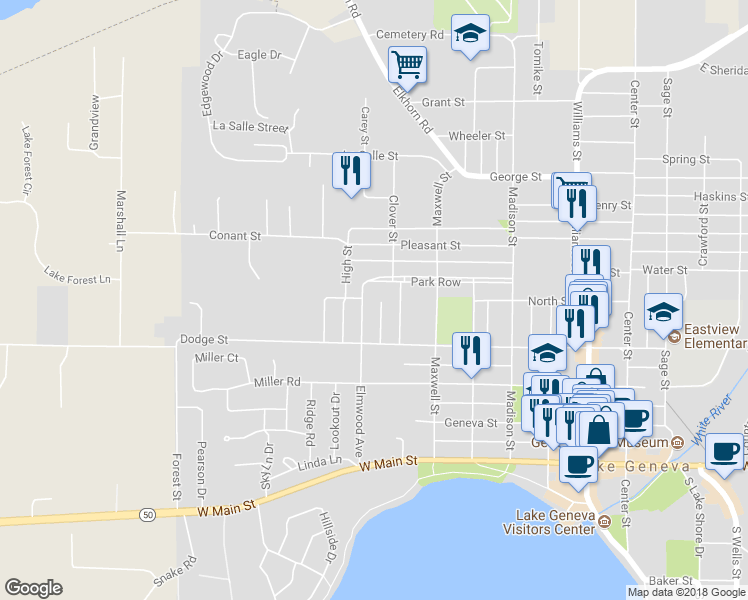 map of restaurants, bars, coffee shops, grocery stores, and more near 549 Jefferson Street in Lake Geneva