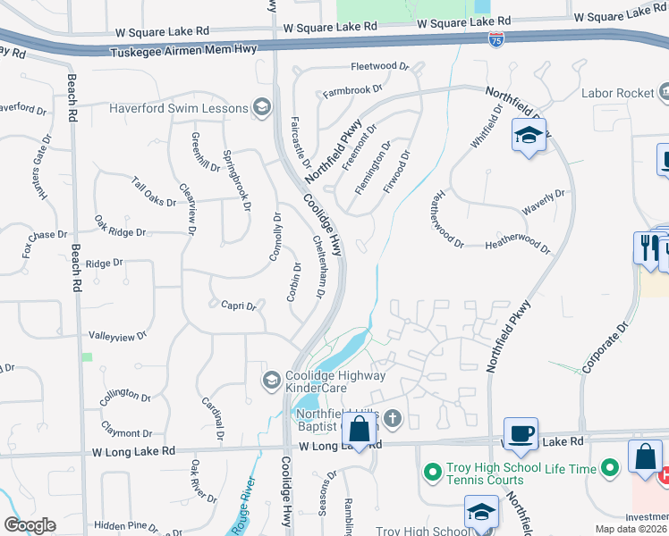 map of restaurants, bars, coffee shops, grocery stores, and more near 5434 Cheltenham Drive in Troy