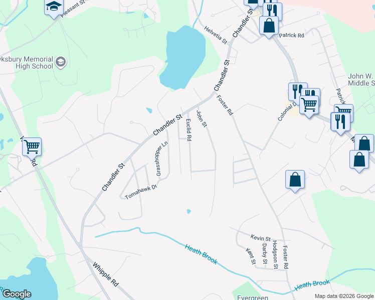 map of restaurants, bars, coffee shops, grocery stores, and more near 19 Euclid Road in Tewksbury