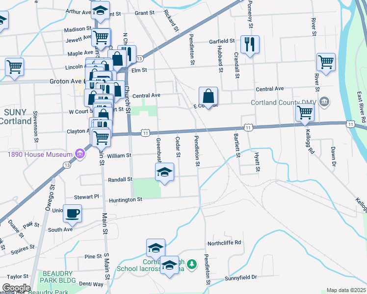 map of restaurants, bars, coffee shops, grocery stores, and more near 10 Cedar St in Cortland