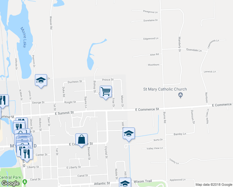 map of restaurants, bars, coffee shops, grocery stores, and more near 800 Friar Drive in Milford Charter Township