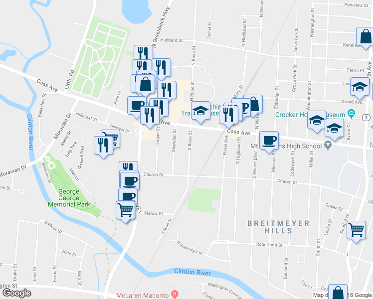 map of restaurants, bars, coffee shops, grocery stores, and more near 42 South Rose Street in Mount Clemens