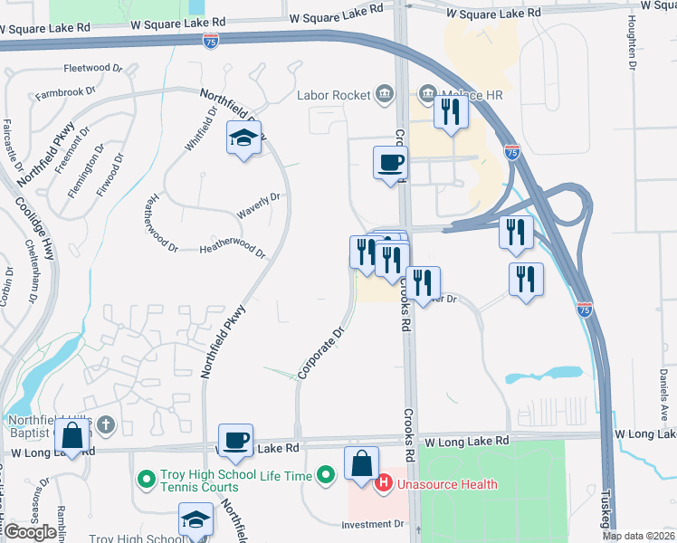 map of restaurants, bars, coffee shops, grocery stores, and more near 5407 Corporate Drive in Troy