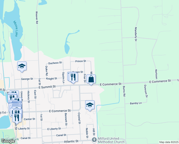map of restaurants, bars, coffee shops, grocery stores, and more near 800 Friar Drive in Milford Charter Township
