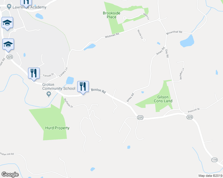 map of restaurants, bars, coffee shops, grocery stores, and more near 227 Boston Road in Groton