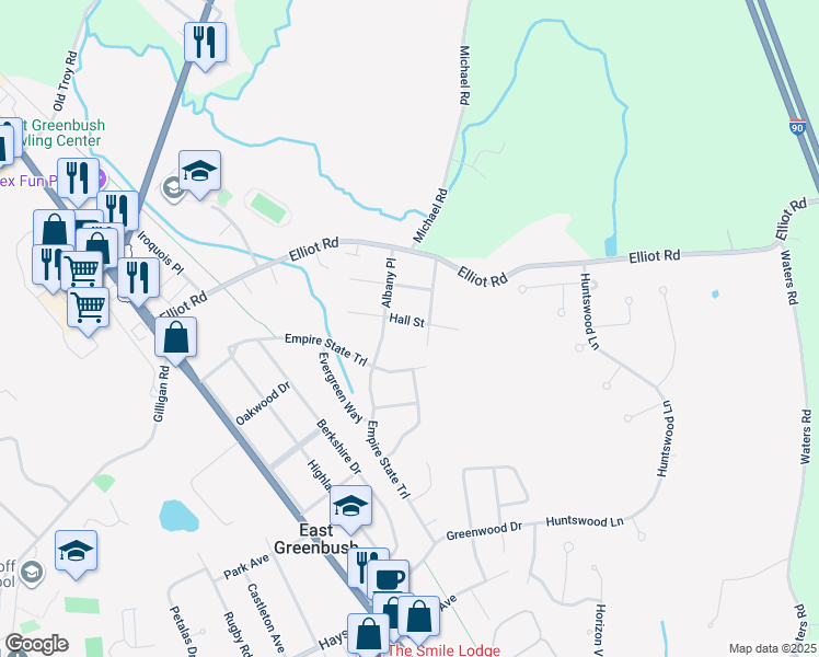 map of restaurants, bars, coffee shops, grocery stores, and more near 25 Hall Street in East Greenbush