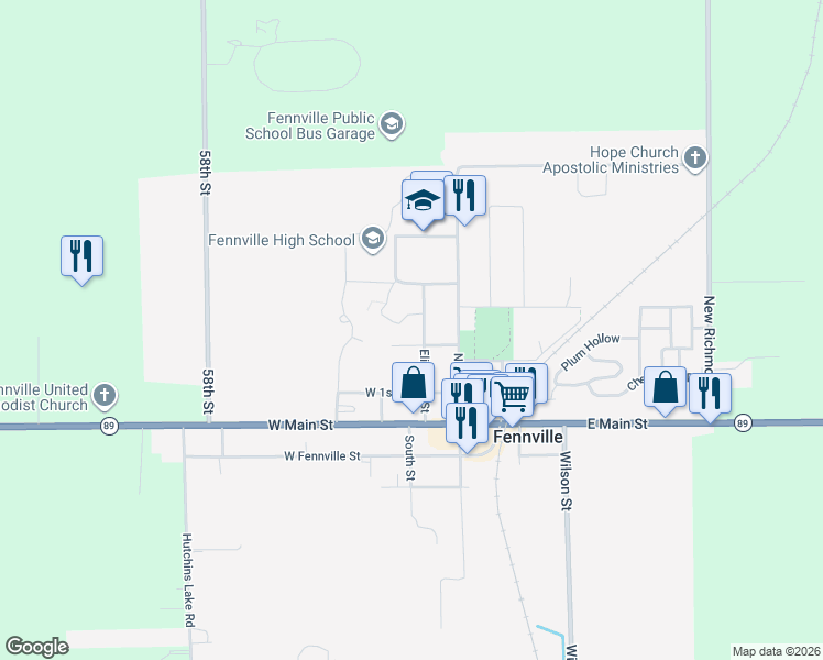 map of restaurants, bars, coffee shops, grocery stores, and more near 415 Elizabeth Street in Fennville