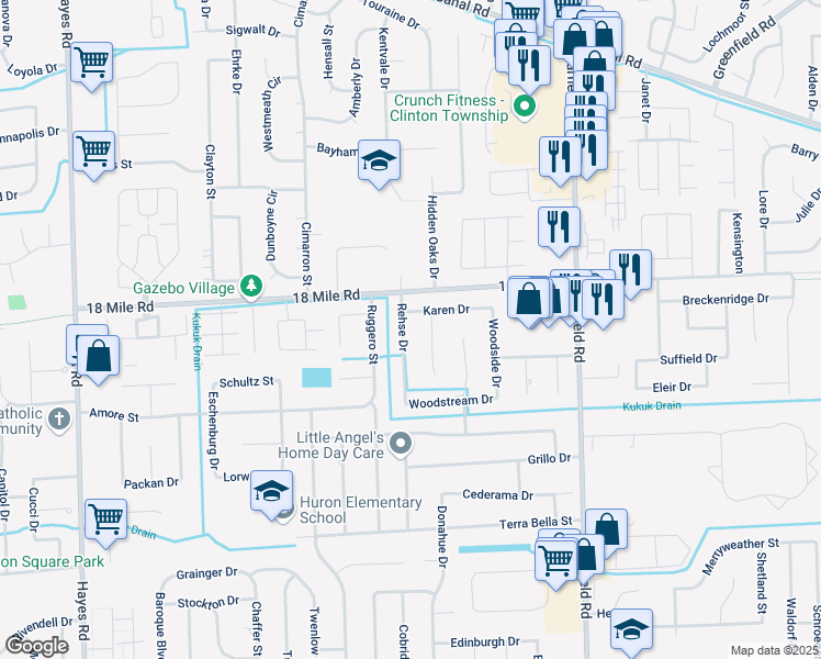 map of restaurants, bars, coffee shops, grocery stores, and more near 40836 Rehse Drive in Macomb County