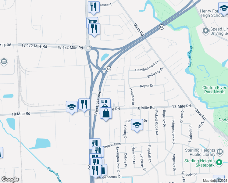 map of restaurants, bars, coffee shops, grocery stores, and more near 8401 18 Mile Road in Sterling Heights